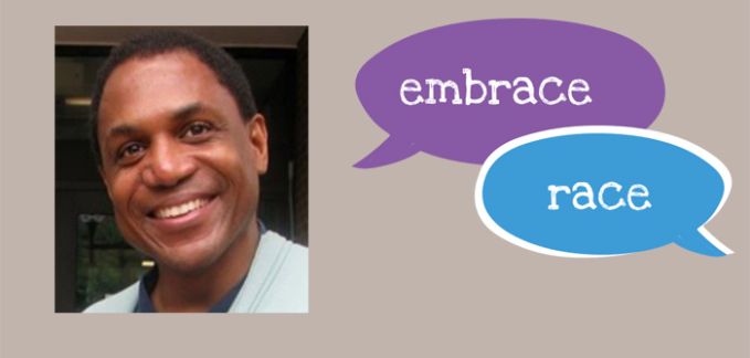 portrait of Andrew Grant Thomas and word bubbles "Embrace Race"