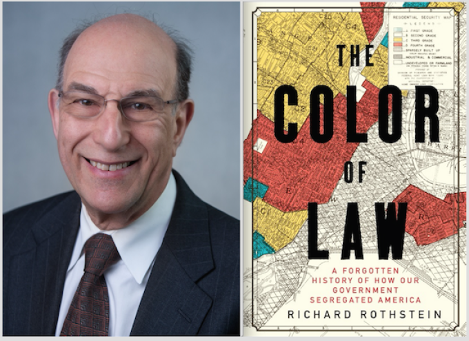 Portrait of Richard Rothstein next to the cover of his book titled "The Color of Law."