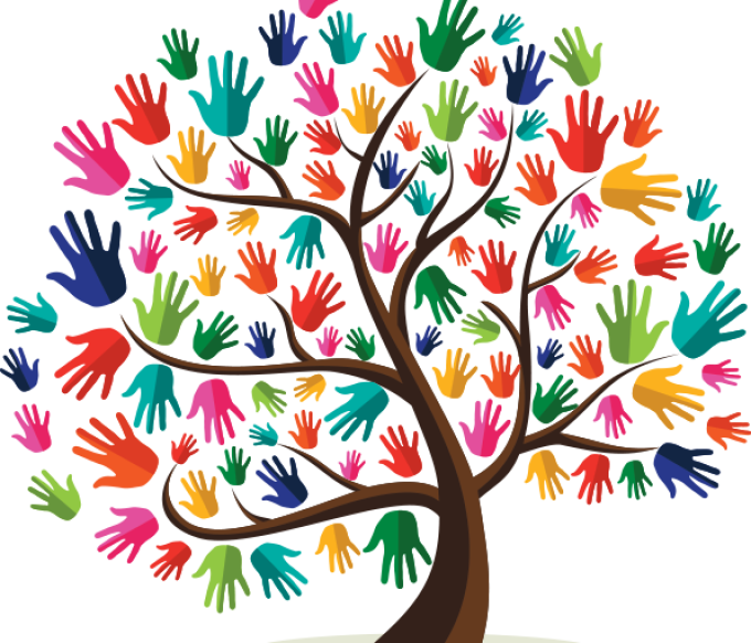 Tree where leaves are colorful hands.