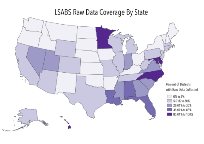 US map indicating states where LSABS has more or less data.