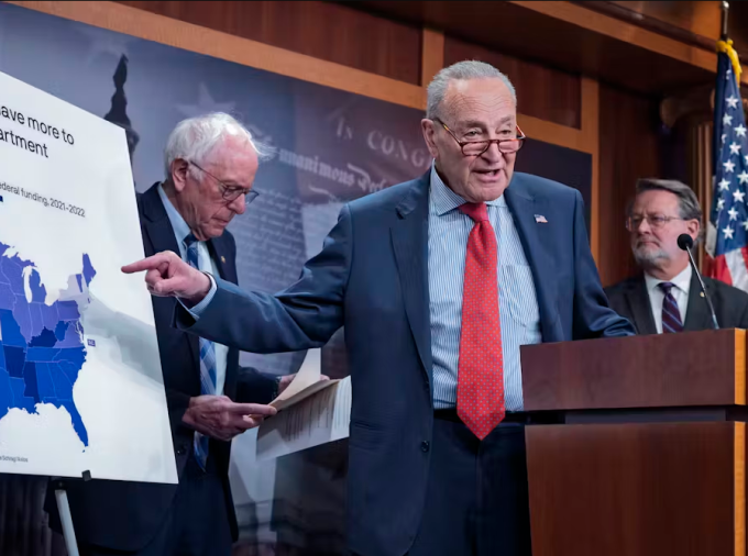 Senate Minority Leader Chuck Schumer and fellow Democrats criticize President Donald Trump’s plan to shutter the Education Department on March 6, 2025