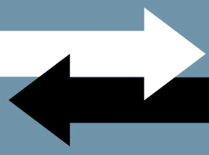Black and white arrows in opposite directions over blue ground.